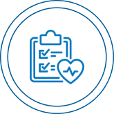 Blue icon showing a clipboard with checkmarks and a heart with a heartbeat line, inside a circular border, representing health assessment or medical checklist.