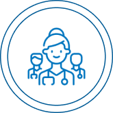 Blue line drawing of three healthcare professionals, with a central female figure in front, all wearing stethoscopes, enclosed in a double circular border.