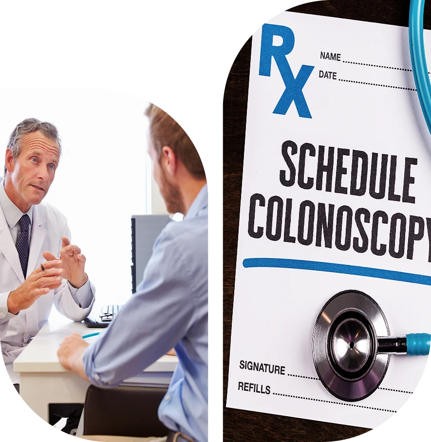 A doctor speaks with a patient in an office; next to them is a prescription pad with "Schedule Colonoscopy" and a stethoscope on top.